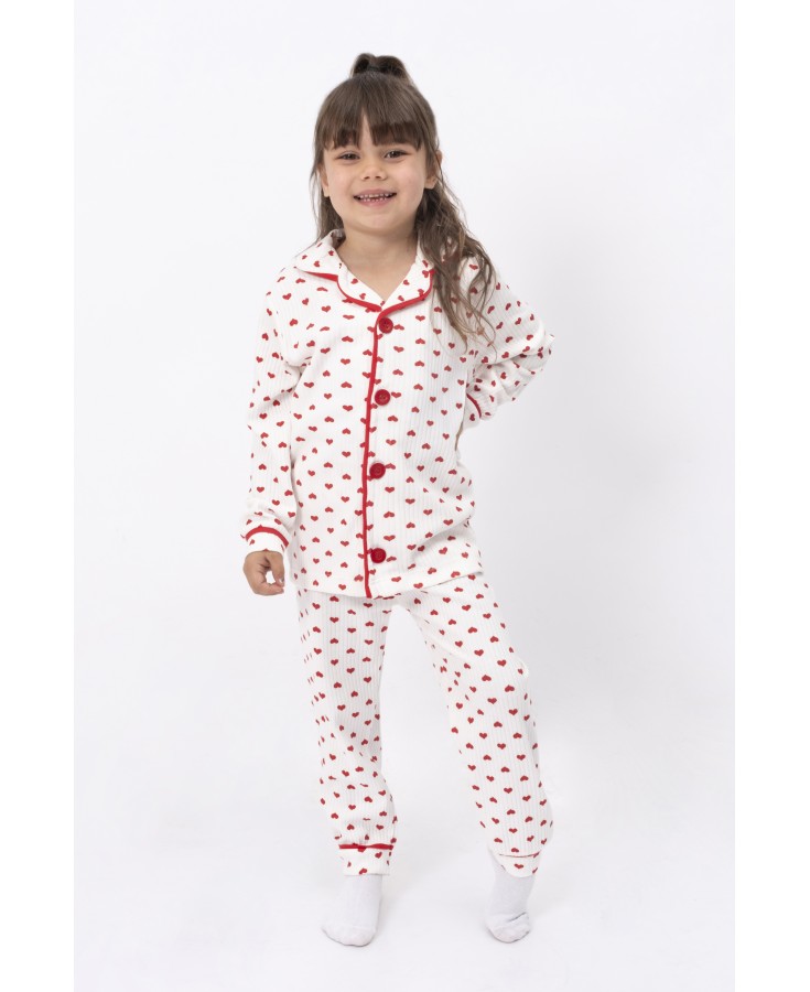 Dolaş Kids 064 Toptan Fitilli Küçük Kalp Desenli Kız Çocuk Pijama Takımı (Tam Aile Serisi)