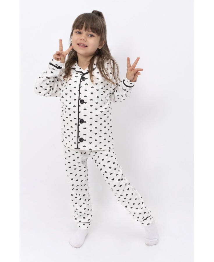 Dolaş Kids 064 Toptan Fitilli Küçük Kalp Desenli Kız Çocuk Pijama Takımı (Tam Aile Serisi)
