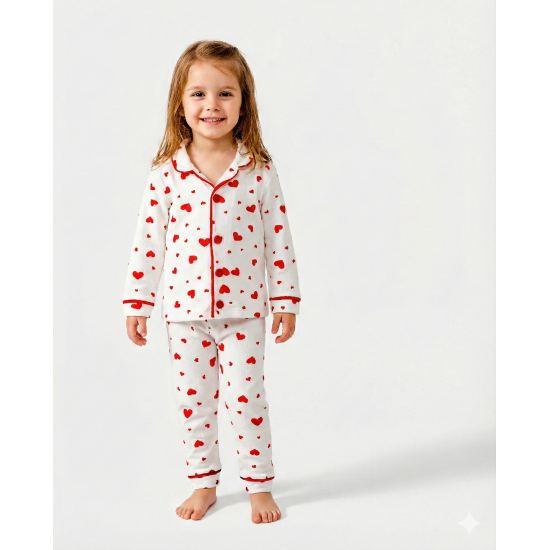 Dolaş Kids 075 Toptan Kırmızı Kalpli Kız Çocuk Pijama Takımı (Tam Aile Serisi)