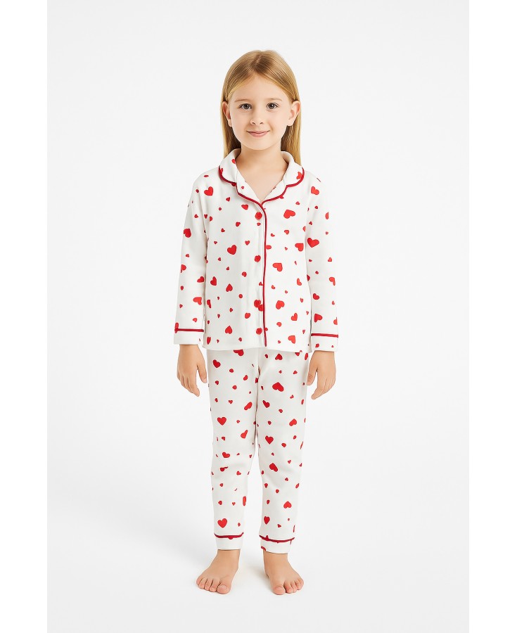 Dolaş Kids 077 Toptan Kırmızı Kalpli Kız Çocuk Pijama Takımı (Tam Aile Serisi)