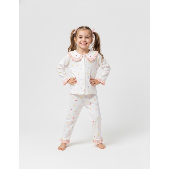 Dolaş Kids 089 Toptan Fırfırlı Yaka Pastel Kalpli Kız Çocuk Pijama Takımı (1100 Serisi Devamı)