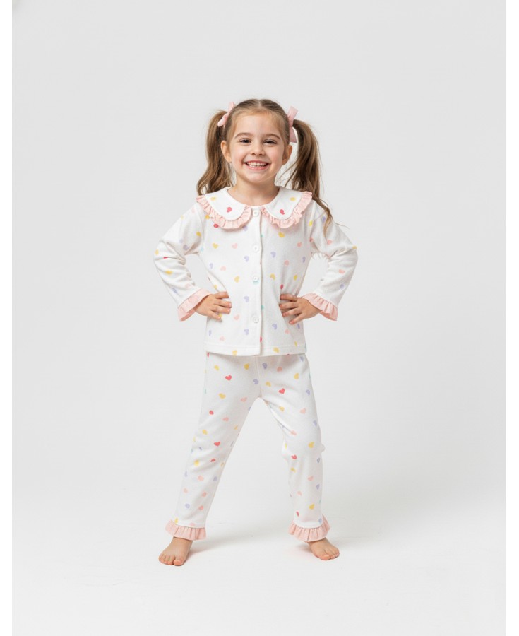 Dolaş Kids 089 Toptan Fırfırlı Yaka Pastel Kalpli Kız Çocuk Pijama Takımı (1100 Serisi Devamı)