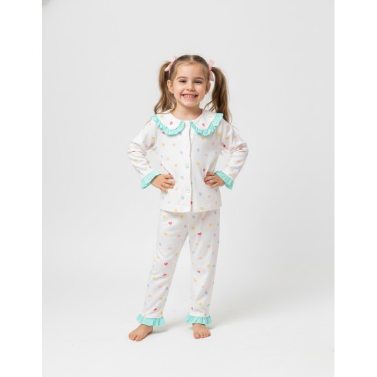 Dolaş Kids 089 Toptan Fırfırlı Yaka Pastel Kalpli Kız Çocuk Pijama Takımı (1100 Serisi Devamı)