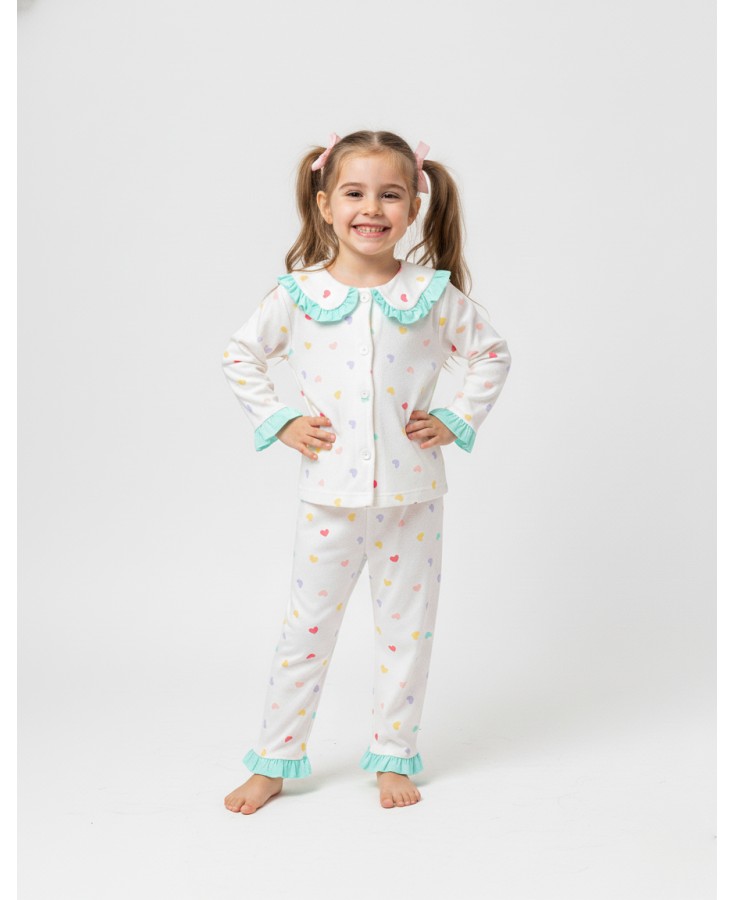 Dolaş Kids 089 Toptan Fırfırlı Yaka Pastel Kalpli Kız Çocuk Pijama Takımı (1100 Serisi Devamı)