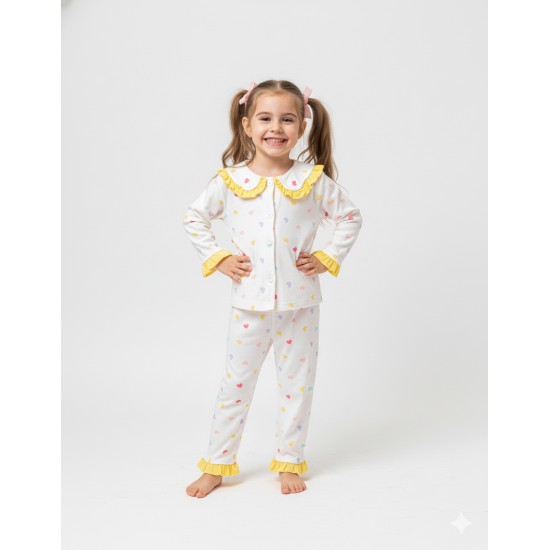 Dolaş Kids 089 Toptan Fırfırlı Yaka Pastel Kalpli Kız Çocuk Pijama Takımı (1100 Serisi Devamı)