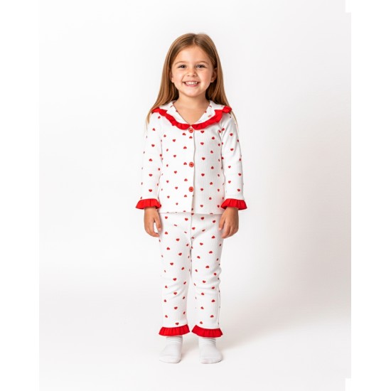 Dolaş Kids 093 Toptan Fırfırlı Yaka Fitilli Kırmızı Kalpli Kız Çocuk Pijama Takımı (1113 Serisi Devamı)