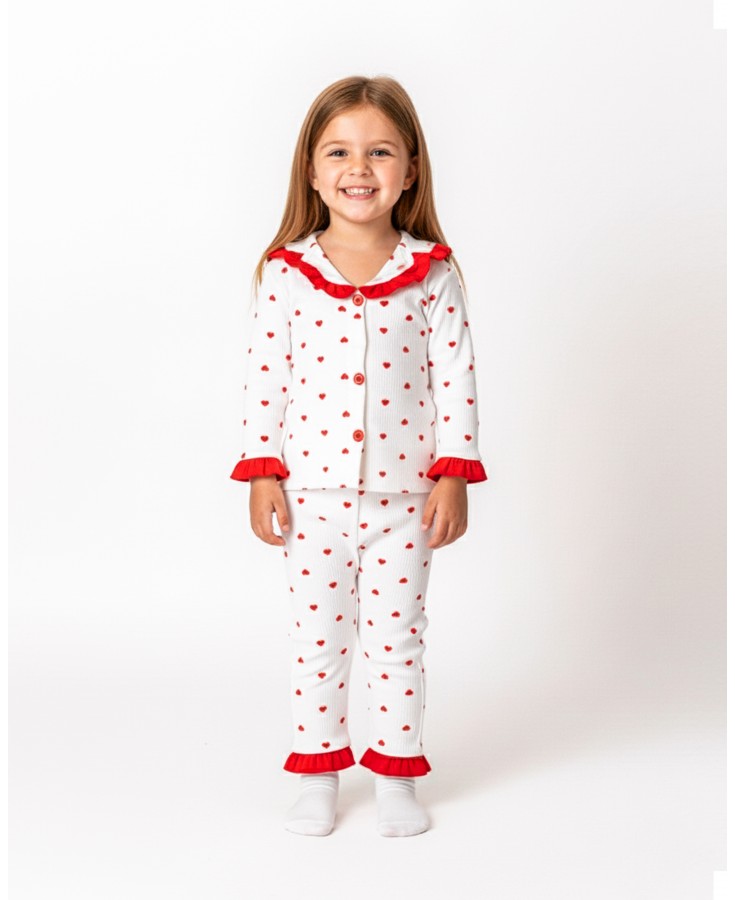 Dolaş Kids 093 Toptan Fırfırlı Yaka Fitilli Kırmızı Kalpli Kız Çocuk Pijama Takımı (1113 Serisi Devamı)