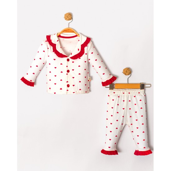 Dolaş Kids 093 Toptan Fırfırlı Yaka Fitilli Kırmızı Kalpli Kız Çocuk Pijama Takımı (1113 Serisi Devamı)
