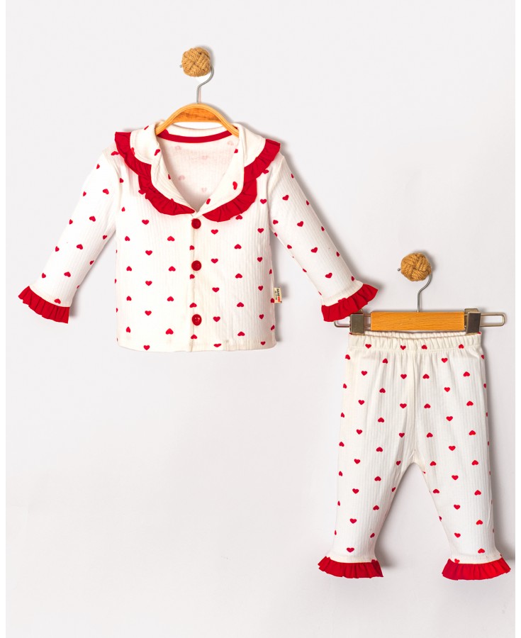 Dolaş Kids 093 Toptan Fırfırlı Yaka Fitilli Kırmızı Kalpli Kız Çocuk Pijama Takımı (1113 Serisi Devamı)