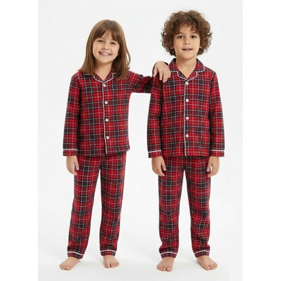 Dolaş Kids 100 Toptan Kırmızı Ekose Desenli Unisex Çocuk Pijama Takımı