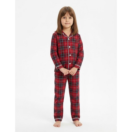 Dolaş Kids 100 Toptan Kırmızı Ekose Desenli Unisex Çocuk Pijama Takımı