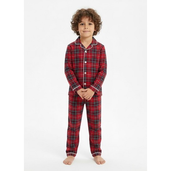 Dolaş Kids 100 Toptan Kırmızı Ekose Desenli Unisex Çocuk Pijama Takımı