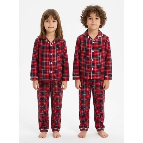 Dolaş Kids 100 Toptan Kırmızı Ekose Desenli Unisex Çocuk Pijama Takımı
