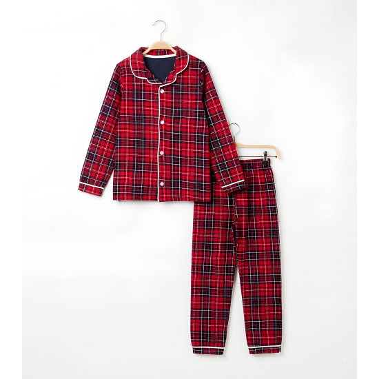 Dolaş Kids 100 Toptan Kırmızı Ekose Desenli Unisex Çocuk Pijama Takımı