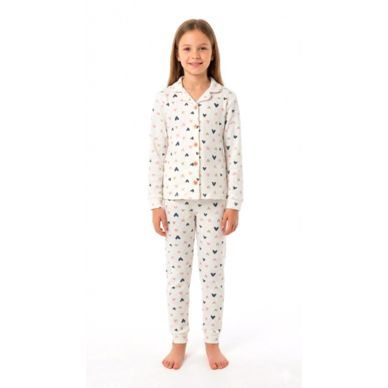 Dolaş Kids 101 Toptan Renkli Kalp Desenli Kaşkorse Kız Çocuk Pijama Takımı