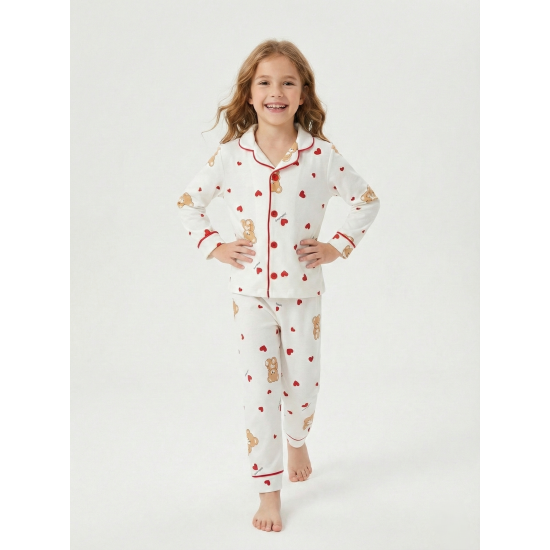 Dolaş Kids 108 Toptan Ayıcık ve Kalp Desenli Düğmeli Kız Çocuk Pijama Takımı