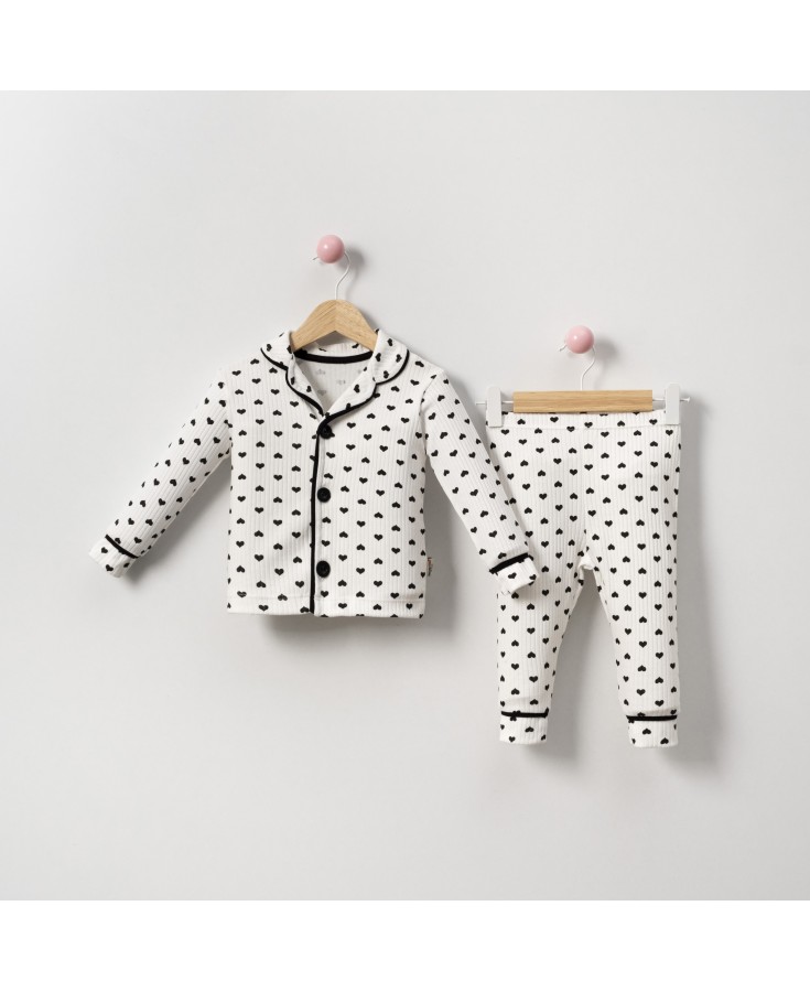 Dolaş Kids 1087 Toptan Minik Kalp Desenli Fitilli Bebek Pijama Takımı (2 Renk Seçeneği)