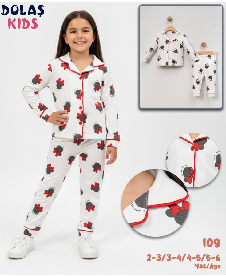 Dolaş Kids 109 Toptan Fiyonklu Fare Desenli Kız Çocuk Pijama Takımı