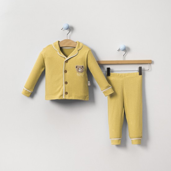 Dolaş Kids 065 Toptan Fitilli Ayıcık Nakışlı Düz Renk Erkek Çocuk Pijama Takımı (1090 Serisi Devamı)
