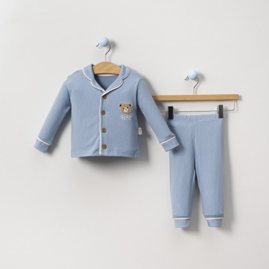 Dolaş Kids 065 Toptan Fitilli Ayıcık Nakışlı Düz Renk Erkek Çocuk Pijama Takımı (1090 Serisi Devamı)