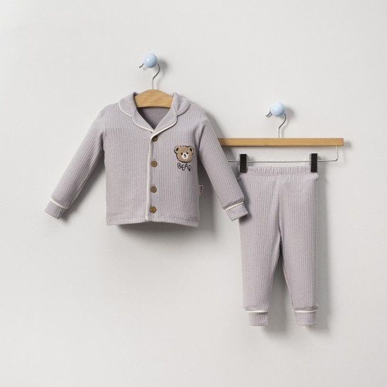 Dolaş Kids 065 Toptan Fitilli Ayıcık Nakışlı Düz Renk Erkek Çocuk Pijama Takımı (1090 Serisi Devamı)