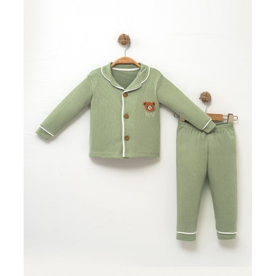 Dolaş Kids 065 Toptan Fitilli Ayıcık Nakışlı Düz Renk Erkek Çocuk Pijama Takımı (1090 Serisi Devamı)