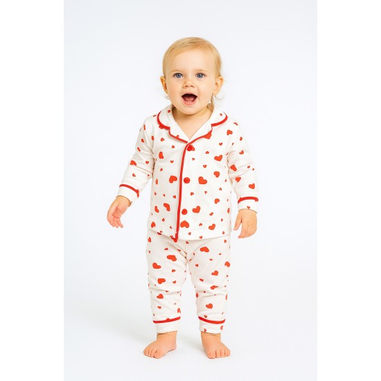 Toptan Kalp Desenli Düğmeli Bebek Pijama Takımı