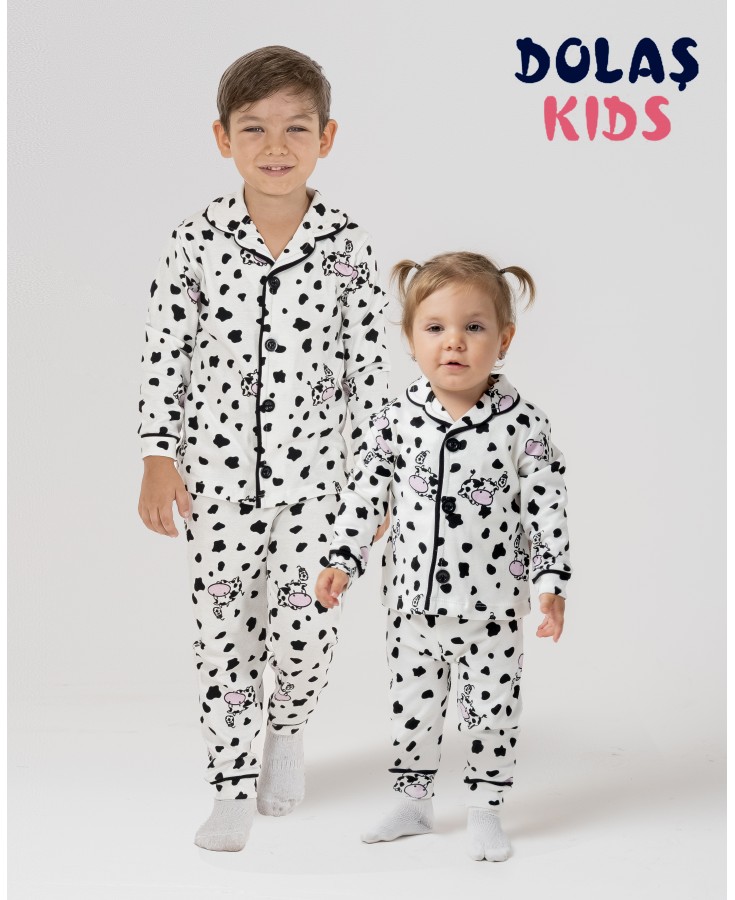 Dolaş Kids 1098 Toptan İnek Desenli Unisex Bebek Pijama Takımı