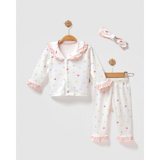 Dolaş Kids 1100 Toptan Renkli Kalp Desenli Fırfırlı ve Bandanalı Kız Bebek Pijama Takımı