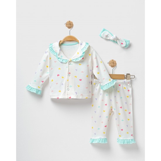 Dolaş Kids 1100 Toptan Renkli Kalp Desenli Fırfırlı ve Bandanalı Kız Bebek Pijama Takımı