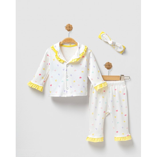 Dolaş Kids 1100 Toptan Renkli Kalp Desenli Fırfırlı ve Bandanalı Kız Bebek Pijama Takımı