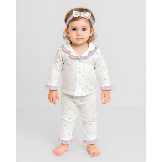 Dolaş Kids 1100 Toptan Renkli Kalp Desenli Fırfırlı ve Bandanalı Kız Bebek Pijama Takımı