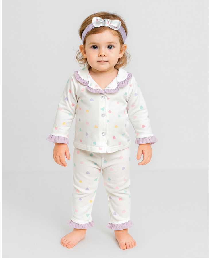 Dolaş Kids 1100 Toptan Renkli Kalp Desenli Fırfırlı ve Bandanalı Kız Bebek Pijama Takımı