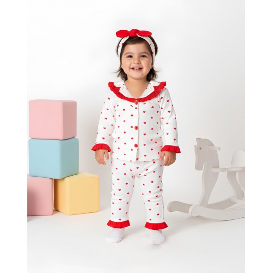 Dolaş Kids 1113 Toptan Kırmızı Kalpli Fırfır Yaka ve Bandanalı Kız Bebek Pijama Takımı