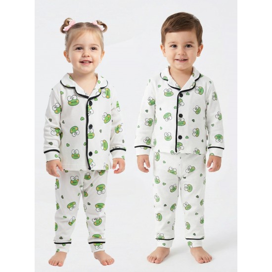 Dolaş Kids 1114 Toptan Kurbağa Desenli Unisex Bebek Pijama Takımı (Abi-Kardeş Kombini)