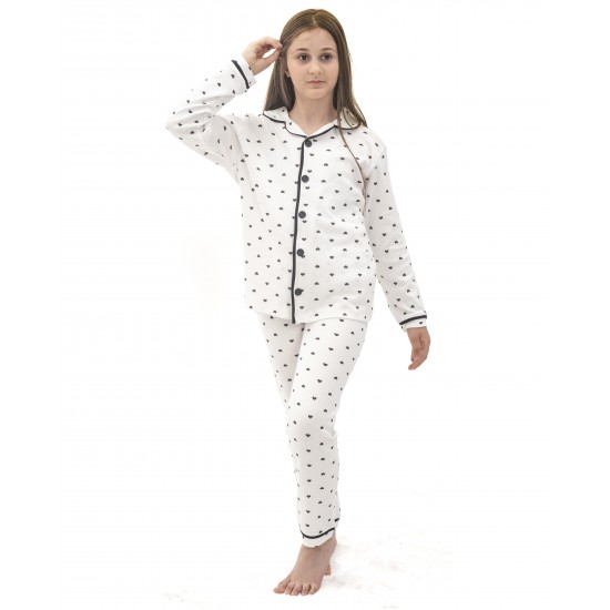 Dolaş Kids 2001 Toptan Genç Kız (Garson Boy) Fitilli Kalp Desenli Pijama Takımı