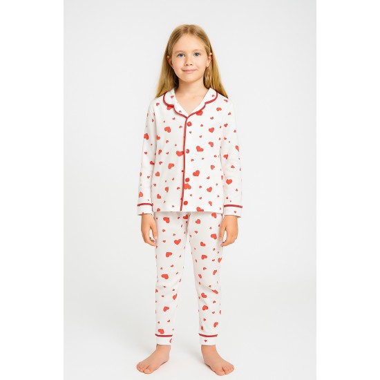 Dolaş Kids 2003 Toptan Kırmızı Kalpli Genç Kız Pijama Takımı (Tam Aile & Anne-Kız Kombini)