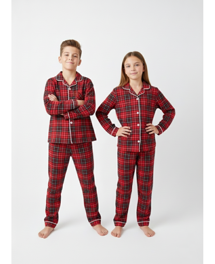 Dolaş Kids 2005 Toptan Kırmızı Ekose Desenli Genç (Garson Boy) Pijama Takımı (Tam Aile Kombini)