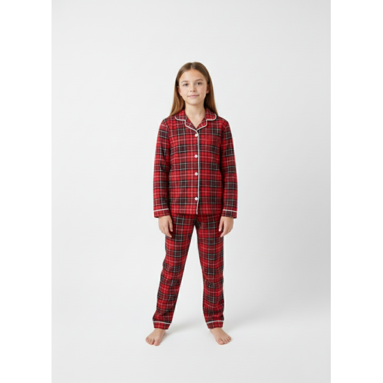 Dolaş Kids 2005 Toptan Kırmızı Ekose Desenli Genç (Garson Boy) Pijama Takımı (Tam Aile Kombini)