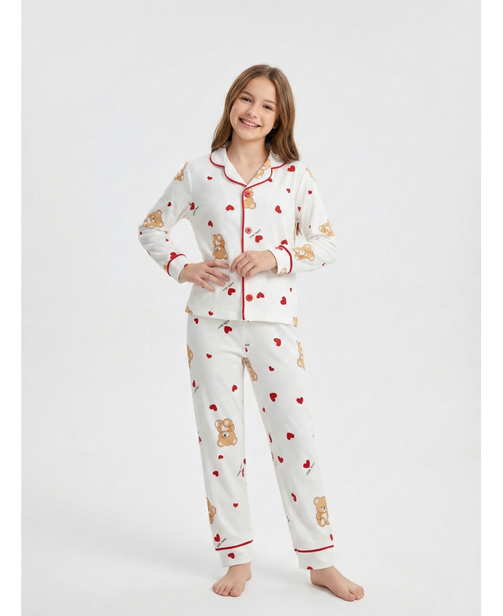 Dolaş Kids 2006 Toptan Ayıcık ve Kalp Desenli Genç Kız Pijama Takımı (Tam Seri Kombini)