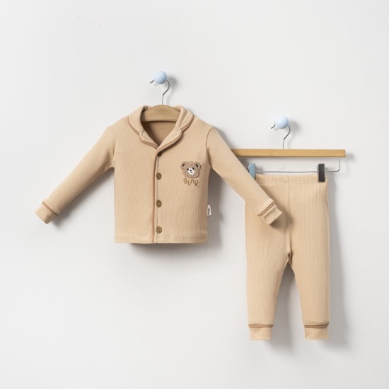 Dolaş Kids 065 Toptan Fitilli Ayıcık Nakışlı Düz Renk Erkek Çocuk Pijama Takımı (1090 Serisi Devamı)