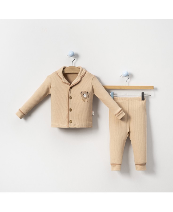 Dolaş Kids 065 Toptan Fitilli Ayıcık Nakışlı Düz Renk Erkek Çocuk Pijama Takımı (1090 Serisi Devamı)