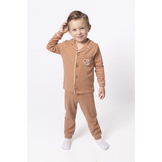 Dolaş Kids 065 Toptan Fitilli Ayıcık Nakışlı Düz Renk Erkek Çocuk Pijama Takımı (1090 Serisi Devamı)