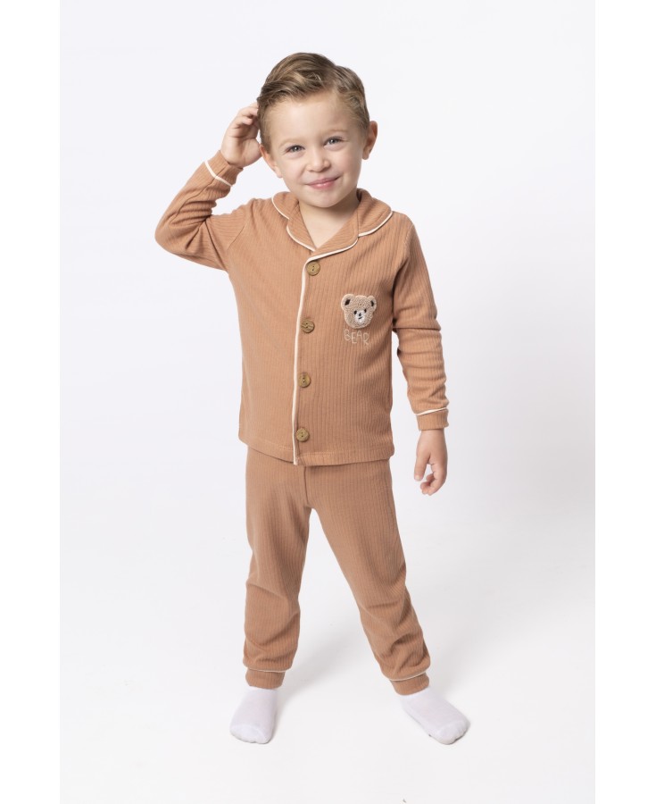 Dolaş Kids 065 Toptan Fitilli Ayıcık Nakışlı Düz Renk Erkek Çocuk Pijama Takımı (1090 Serisi Devamı)